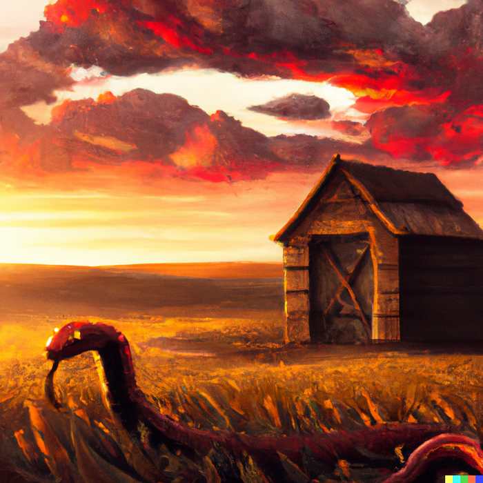 A huge Python in front of a shed in the middle of a field of wheat